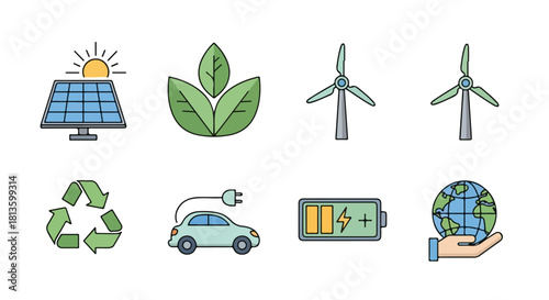 Sustainable Energy Icon Set Eco Power, Solar, Wind & Recycling Vector
