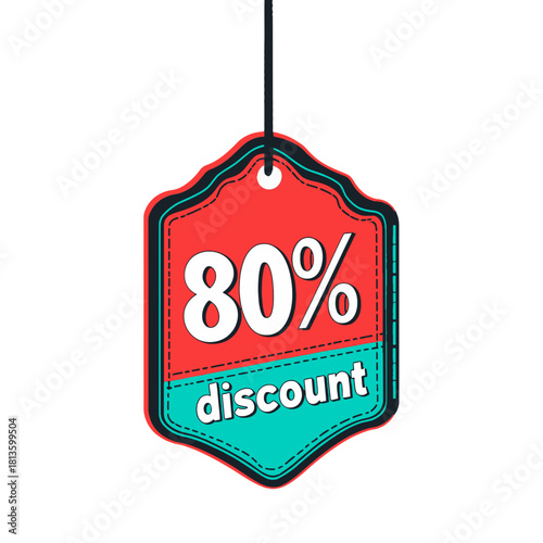 Stylized hanging price tag displaying "80% discount" in bold red and teal colors. Excellent for e-commerce, sales, or retail marketing blogs and websites.
