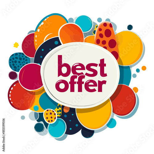 Abstract and colorful composition of overlapping circles and shapes with "best offer" text in the center. Ideal for marketing, retail, advertising, and creative design blogs or sites