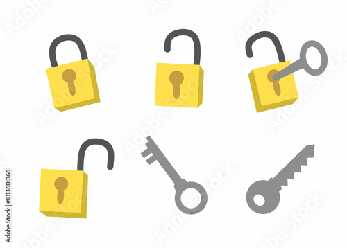 A set of flat illustrations of padlocks and keys in locked and unlocked positions.
