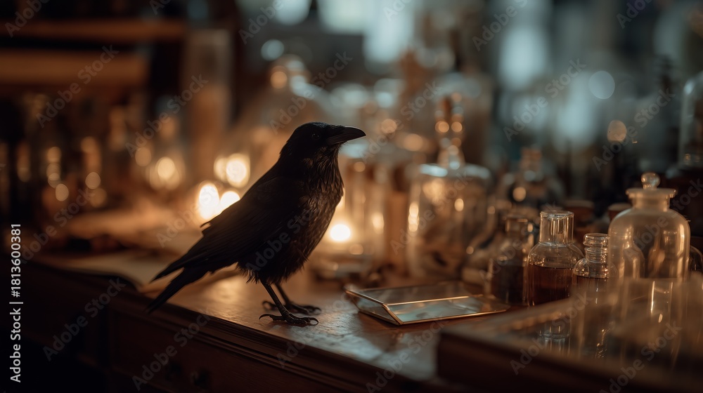 Obraz premium A raven perched on a table surrounded by vintage glass bottles, evoking a mysterious and historical atmosphere.