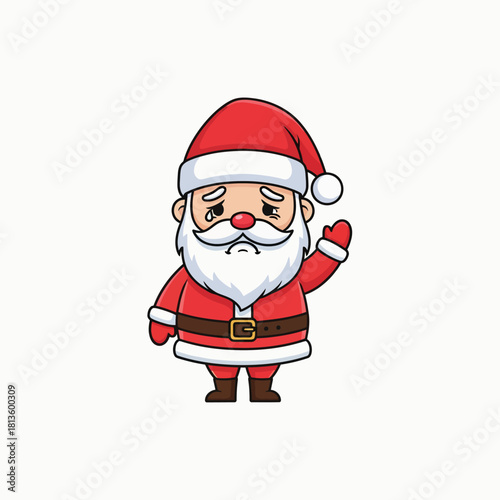 Cute Flat Vector Icon of Sad Santa Claus Waving Hand. Depressed Christmas Character Illustration with Dejected Expression. Holiday Grief Mascot Clipart and Minimalist Graphic Resource.
