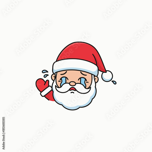 Distressed Santa Claus Character Icon Design. Cute flat Christmas vector illustration of Father Noel crying and waving goodbye, unhappy holiday symbol, isolated graphic resource in simple style.