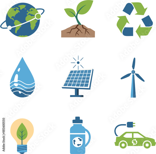 Collection of ecofriendly icons representing sustainability and conservation