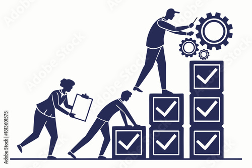 A collaborative team works together, building progress with checklist blocks and adjusting gears to symbolize process improvement and goal achievement.