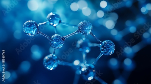 Close up view of a molecule structure with blue spheres and connections on a blurred background