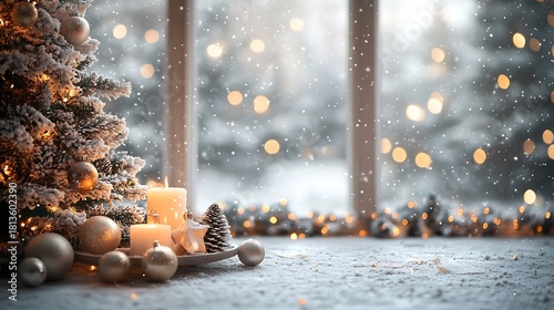 Cozy christmas scene with snow covered tree candles and ornaments by the window during snowfall day