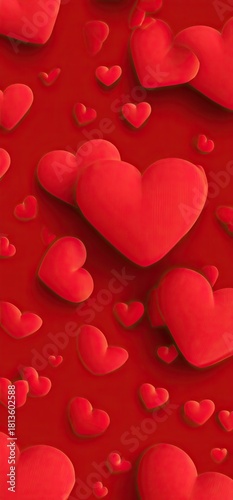 3D rendering of multiple small red hearts on a vibrant red background, designed as mobile phone wallpaper, perfect for Valentine’s Day celebrations and romantic visual decoration concepts.