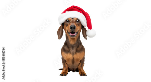 Happy dachshund dog sitting wearing a festive santa hat smiling. isolated on transparent background