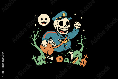 Spooky Skeleton Mailman Delivering Mail in a Graveyard.