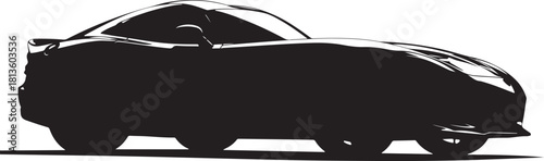 A high-contrast, black and white silhouette image showcasing the sleek, low-slung profile of a modern sports car from a side perspective against a stark white background.
