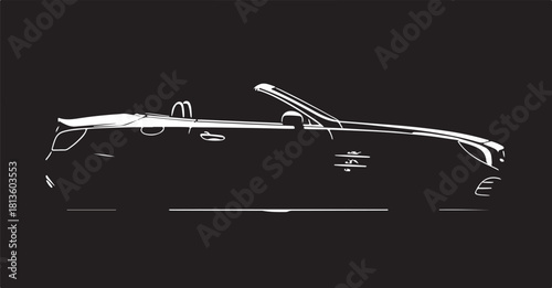 A striking, high-contrast image capturing the sleek side profile of a luxury convertible sports car, rendered entirely in black silhouette with subtle white edge lighting defining its elegant form aga