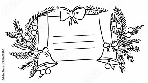 Black and white outline drawing of a festive christmas scroll or blank note framed by pine branches, bows, and hanging bells, perfect for holiday message design