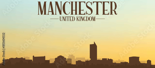 Panoramic poster of the city skyline with misty background buildings, hills sunrise, sunset and clouds of MANCHESTER, UNITED KINGDOM