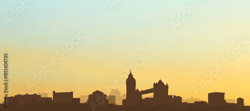 Panoramic poster of the city skyline with misty background buildings, hills sunrise, sunset and clouds of LONDON, UNITED KINGDOM