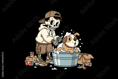 Skeleton washing a happy dog in a bathtub.