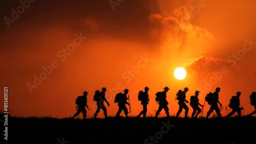 Silhouette of soldiers marching towards the sunlit horizon during sunset, creating a dramatic scene