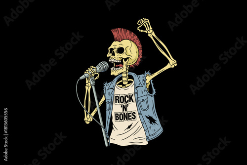 Punk Rock Skeleton Singer with Microphone and Mohawk.