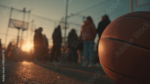 Basketball lying on court during golden hour with blurred kids