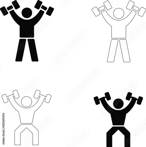 Dumbbell Press Vector Icons: Shoulder Workout & Weight Training Silhouette. Upper Body Strength, Gym Fitness Pictograms