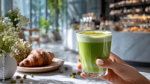 Hand holding green pistachio latte in modern cafe