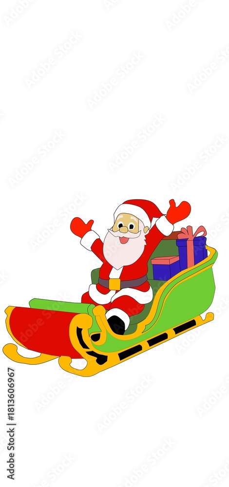 Obraz premium A cheerful cartoon Santa Claus riding a colorful Christmas sleigh filled with presents. Perfect for holiday greeting cards, festive banners, winter promotions, Christmas posters, children’s illustrati
