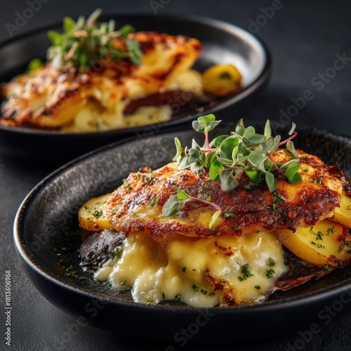Potato gratin with melted cheese on dark background