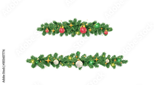 Christmas tree garland decoration. Holiday fir tree branch, festive Christmas divider. Winter season frame, red and white xmas balls, gold confetti and golden stars. Christmas glitter ornaments.