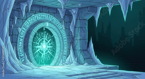 Ancient stone gateway glows with magical energy within a frozen cavern environment