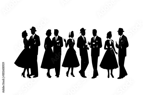 Vector silhouette of people dressed in 1950s fashion at the party, socializing. vector set
