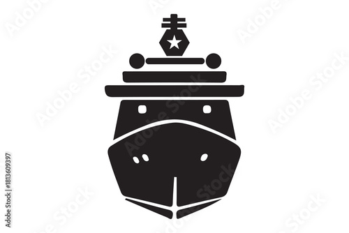 Front view silhouette of a modern warship or naval vessel isolated on white background