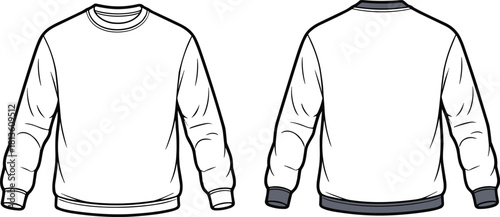 Blank sweatshirt front and back technical fashion flat sketch, detailed garment outline for apparel design, vector template, CAD illustration