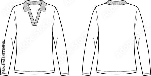 Long sleeve women’s top with V-neck collar detail, clean technical fashion sketch, apparel template, cad drawing flat vector illustration, editable outline
