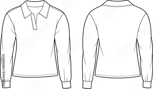 Long sleeve polo shirt technical flat sketch, vector garment design template with collar and placket, fashion CAD drawing illustration