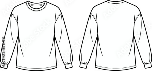 Long sleeve sweatshirt technical flat sketch, front and back vector outline, apparel fashion design template for clothing production and presentation