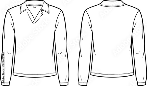 Flat cad fashion drawing long sleeve women’s top with open collar front and back technical sketch, vector template illustration