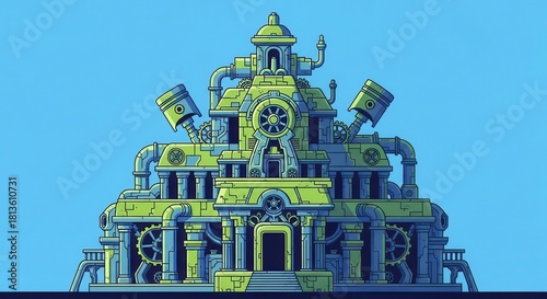 Intricate mechanical structure towers against a solid blue background with contrasting coloration