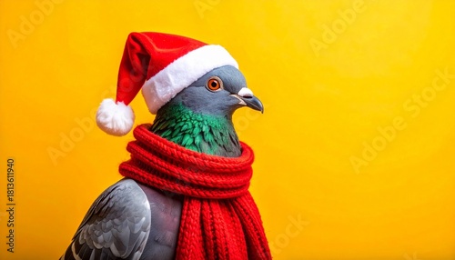 Pigeon in Santa hat and scarf on bright yellow background