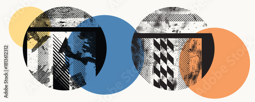 Glitch distorted circles . Noise destroyed logo . Trendy defect error shapes . Glitched frame .Grunge textured . Distressed effect .Vector shapes with a halftone dots screen print texture.
