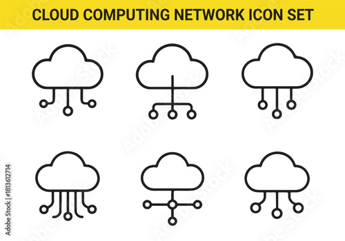 Minimalist Cloud Computing Network Icon Set Featuring Scalable Data Nodes for Modern Technology, IT Infrastructure, and Digital Systems