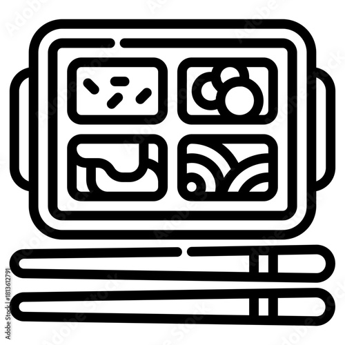 Bento box. This is a vector single icon with a dashed line style. It is suitable for various purposes, including website design, mobile app design, and logo design.