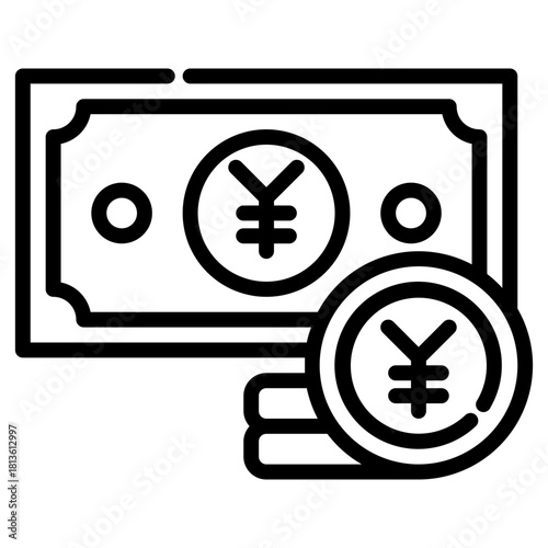 Japanese money. This is a vector single icon with a dashed line style. It is suitable for various purposes, including website design, mobile app design, and logo design.