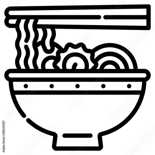 Ramen bowl. This is a vector single icon with a dashed line style. It is suitable for various purposes, including website design, mobile app design, and logo design.