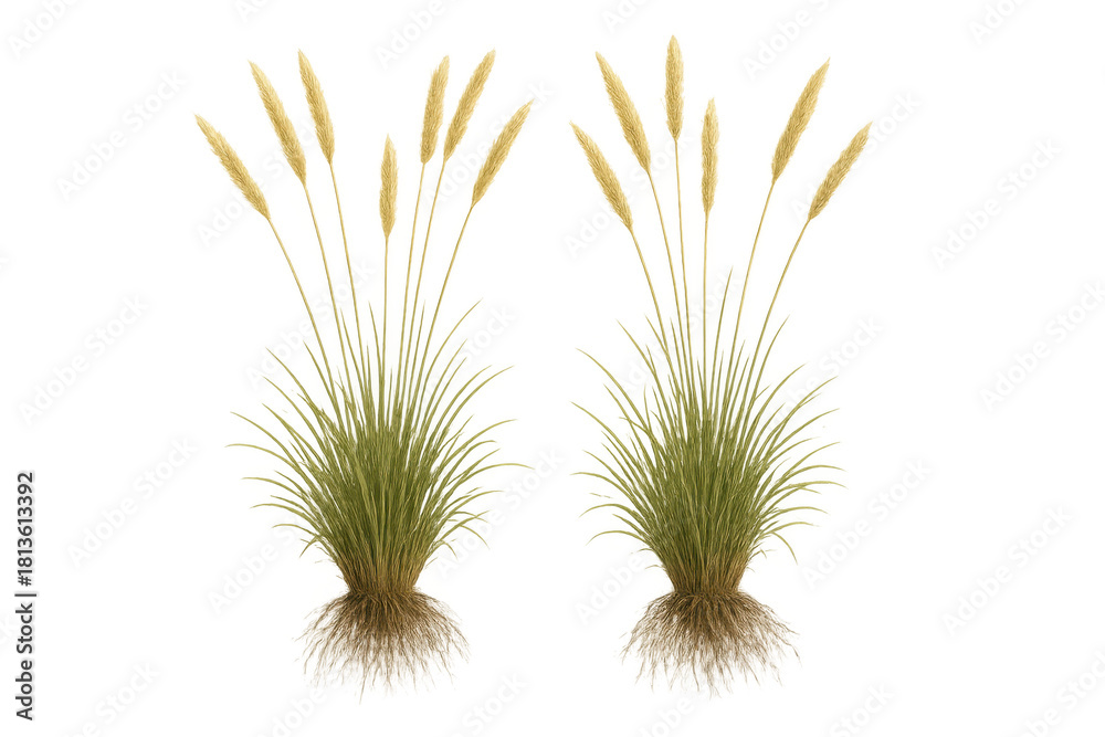 Obraz premium Wild grass tufts with golden seed heads and visible roots, offering natural element on transparent background