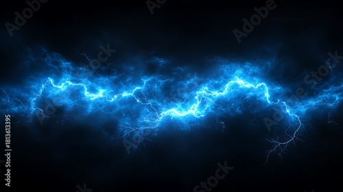 A vivid depiction of a powerful blue lightning strike against a stark black background showcasing energy