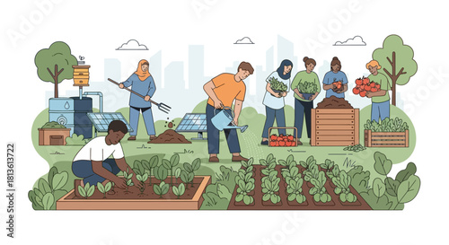 Create a premium vector illustration showcasing a diverse group of urban farmers working in a sustainable eco-garden. Include planting, watering, composting, and harvesting activities