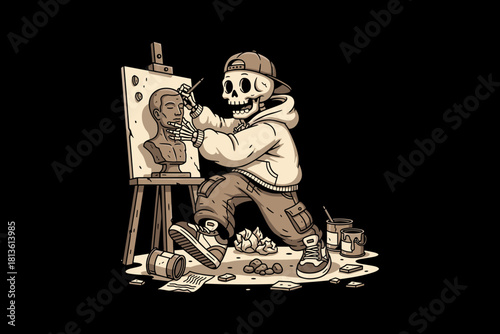Skeleton artist sculpting a bust with intense focus and creative