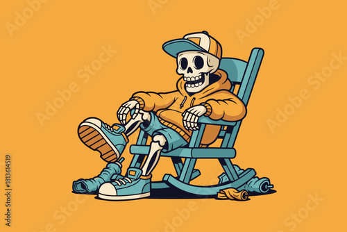 Skeleton chilling in a rocking chair wearing casual clothes.