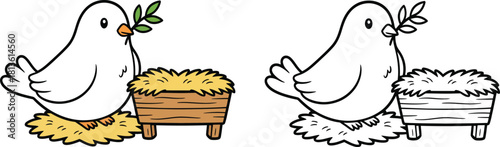Cartoon Dove with Olive Branch Next to Manger Colored and Line Art Set