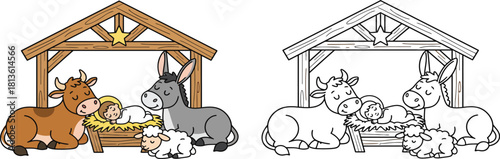 Cartoon Nativity Scene with Baby Jesus Donkey Cow and Sheep in a Stable